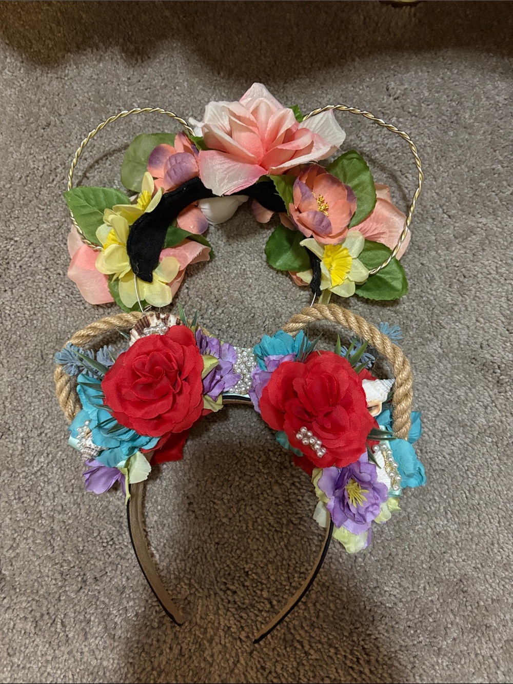 Two Floral Double-Ear Headbands with Red & Multicolor Blooms